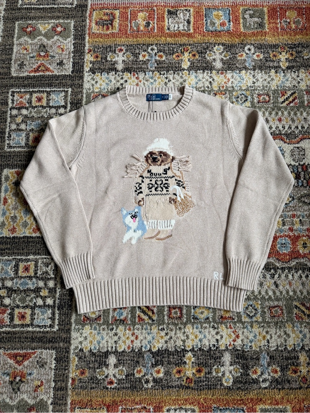 Ralph Lauren Beige Novelty Crewneck Sweater with Dog Motif